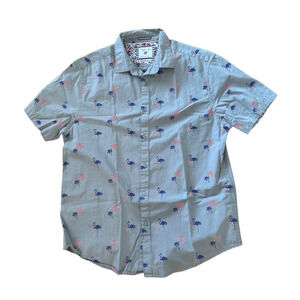 Denim and Flower Flamingos Holiday Mens Button Down Shirt Size Large 4th of July